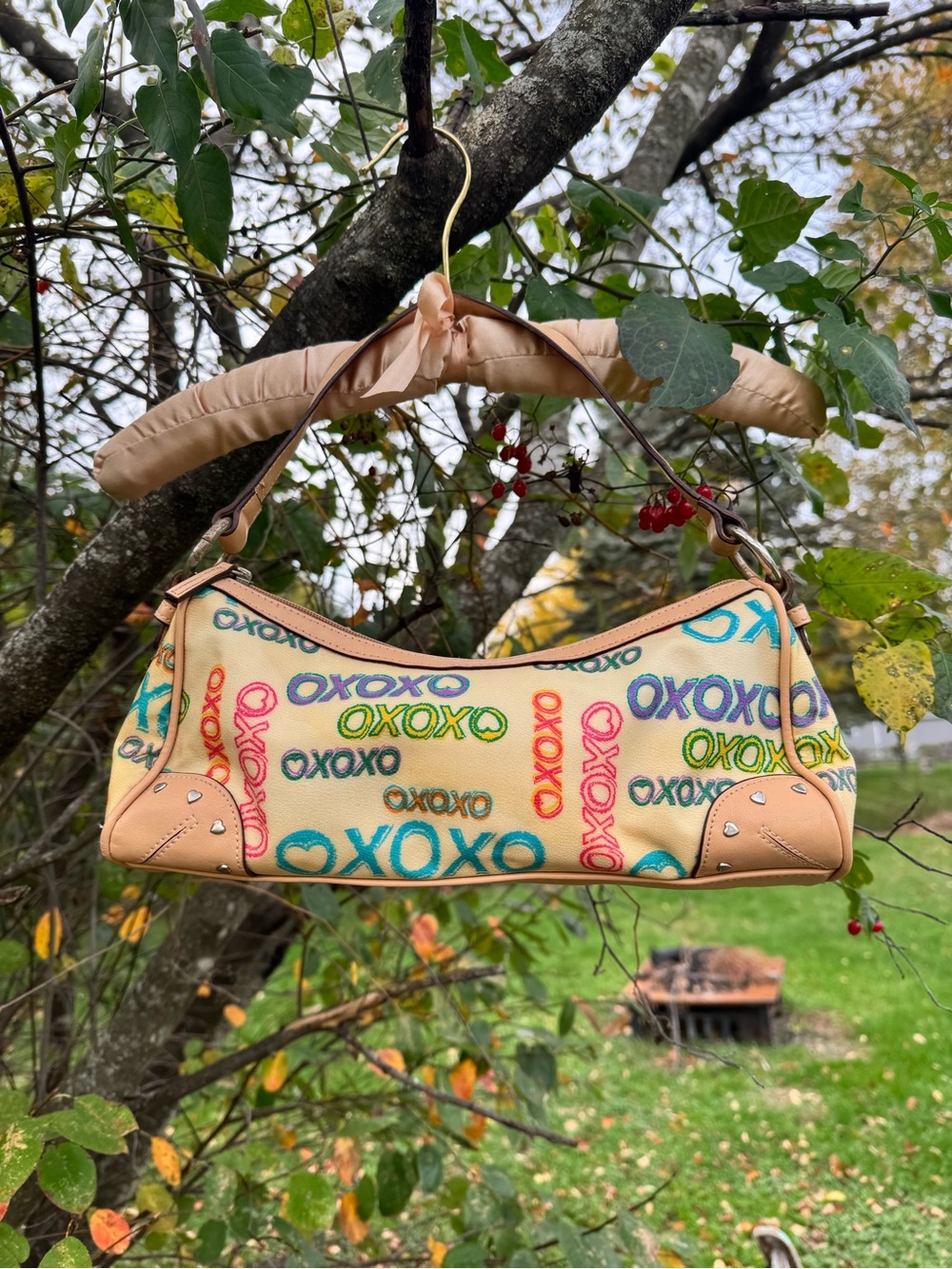 XOXO Multicolor Logo Canvas Shoulder Bag with Beige Trim
